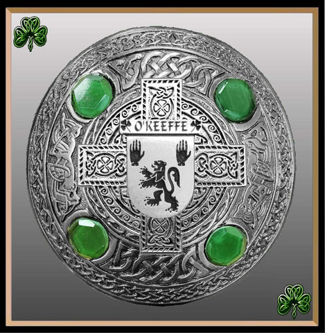 O'Keeffe Irish Coat of Arms Celtic Design Plaid Brooch with Green Stones