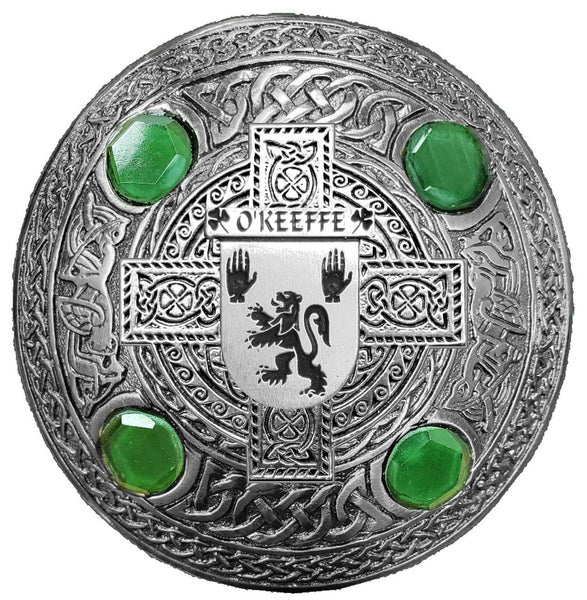 O'Keeffe Irish Coat of Arms Celtic Design Plaid Brooch with Green Stones