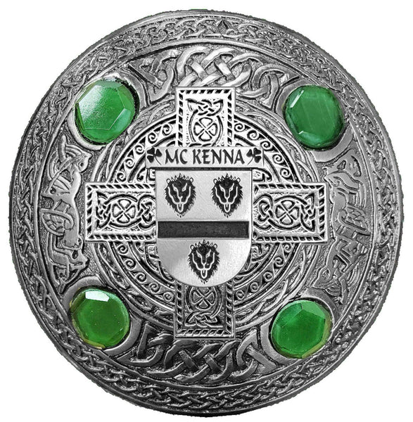 McKenna Irish Coat of Arms Celtic Cross Plaid Brooch with Green Stones