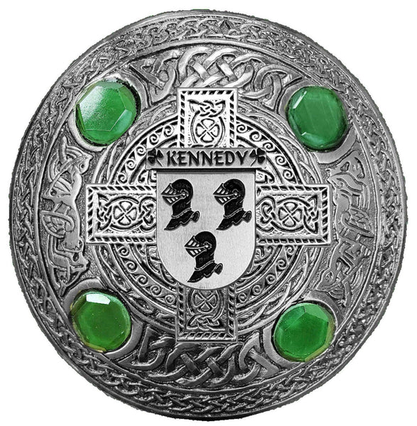 Kennedy Irish Coat of Arms Celtic Cross Plaid Brooch with Green Stones