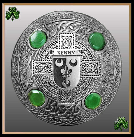 Kenny Irish Coat of Arms Celtic Cross Plaid Brooch with Green Stones