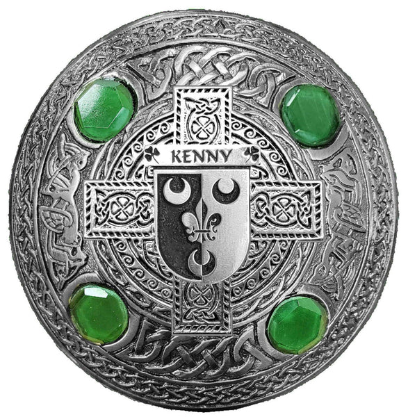 Kenny Irish Coat of Arms Celtic Cross Plaid Brooch with Green Stones