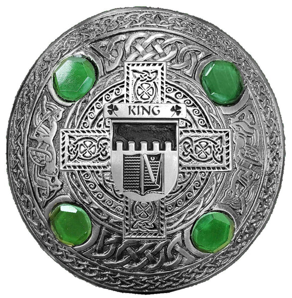 King Irish Coat of Arms Celtic Cross Plaid Brooch with Green Stones