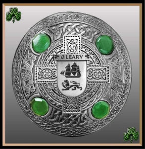 O'Leary Irish Coat of Arms Celtic Cross Plaid Brooch with Green Stones