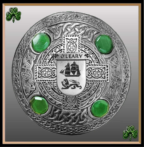O'Leary Irish Coat of Arms Celtic Cross Plaid Brooch with Green Stones