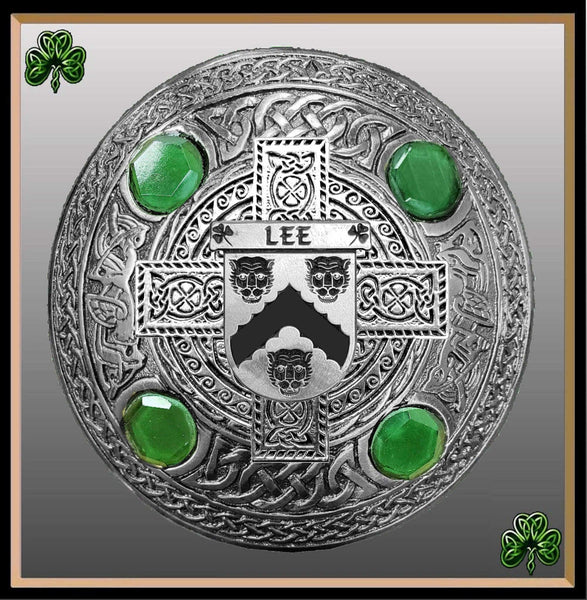 Lee Irish Coat of Arms Celtic Cross Plaid Brooch with Green Stones