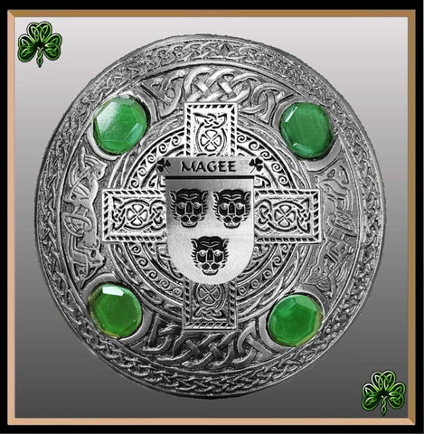 Magee Irish Coat of Arms Celtic Cross Plaid Brooch with Green Stones
