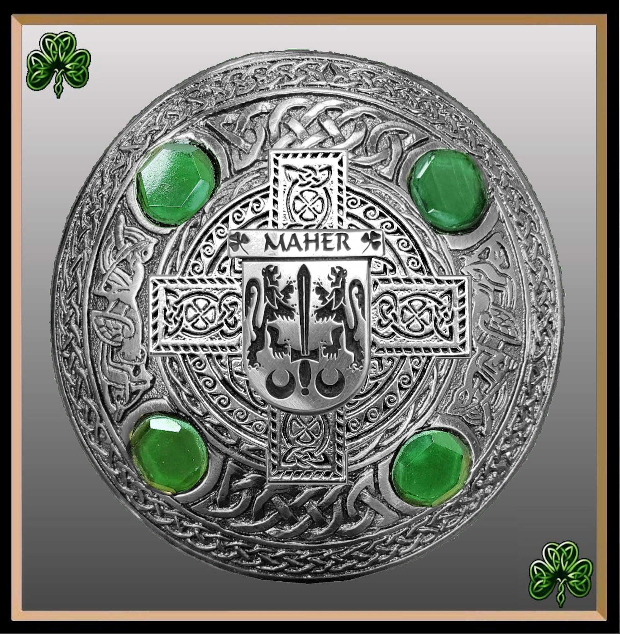 Maher Irish Coat of Arms Celtic Cross Plaid Brooch with Green Stones