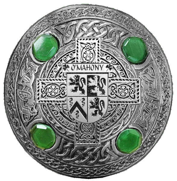 O'Mahony Irish Coat of Arms Celtic Cross Plaid Brooch with Green Stones