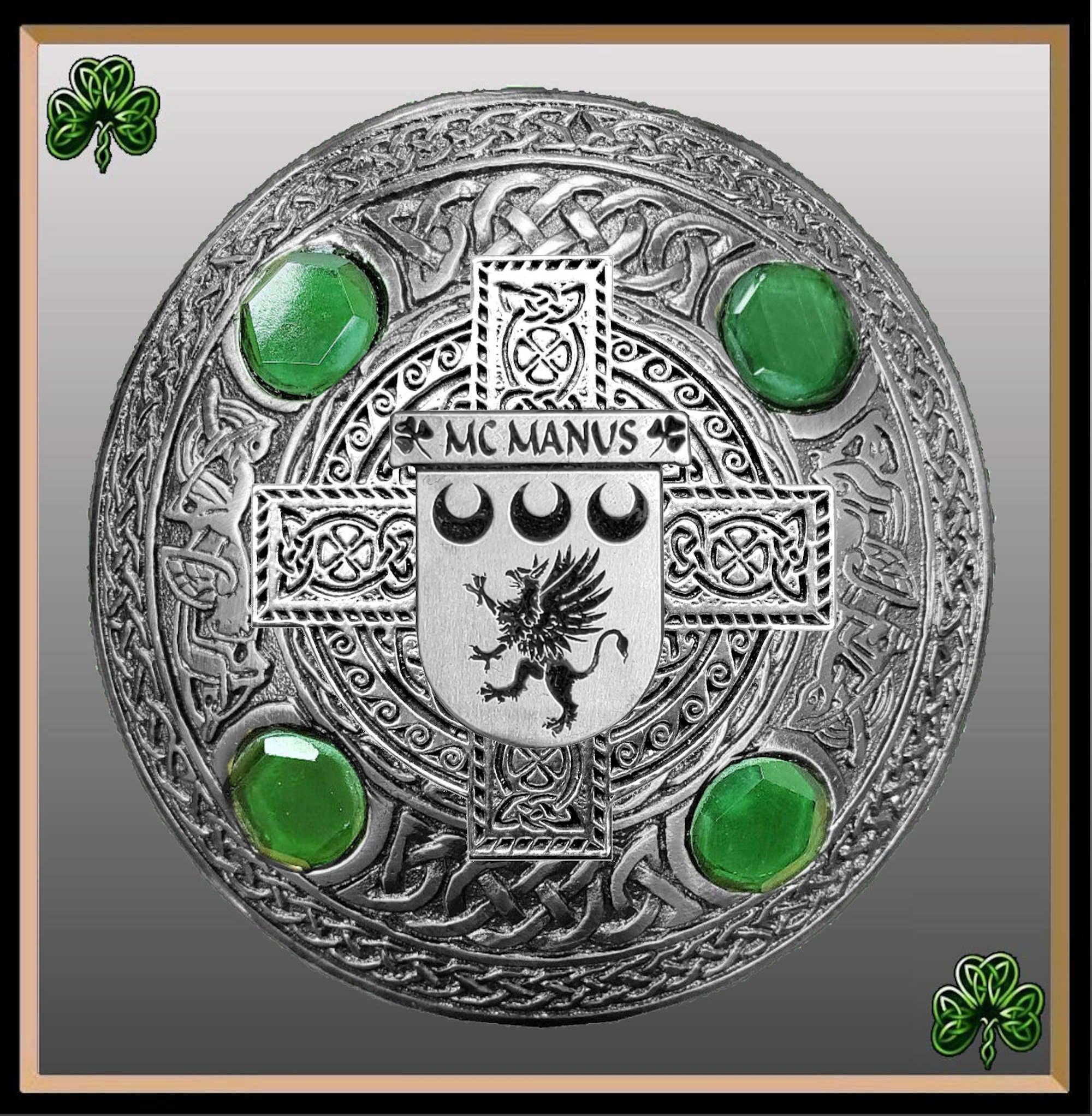 McManus Irish Coat of Arms Celtic Cross Plaid Brooch with Green Stones