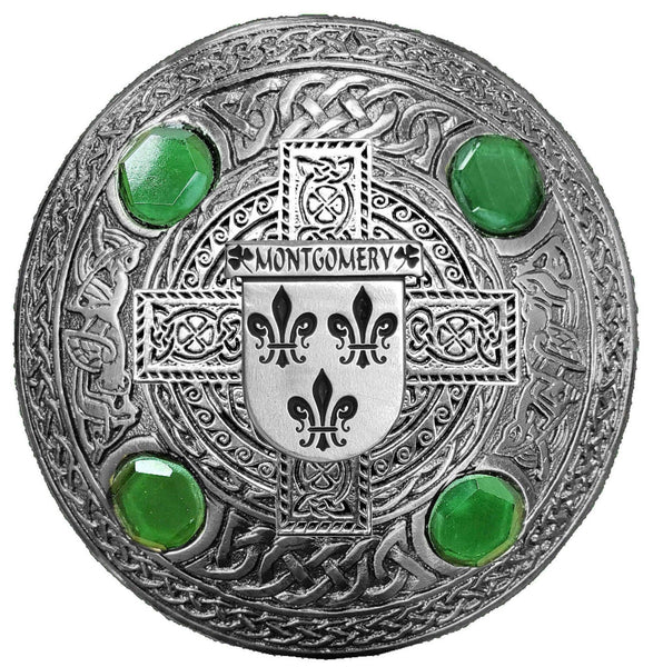 Montgomery Irish Coat of Arms Celtic Cross Plaid Brooch with Green Stones