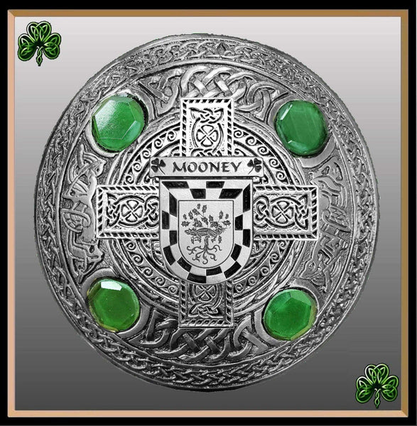 Mooney Irish Coat of Arms Celtic Cross Plaid Brooch with Green Stones