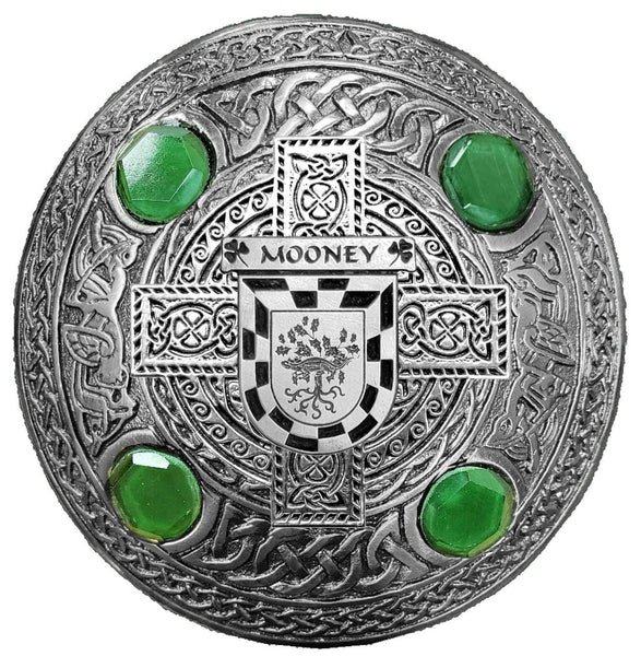 Mooney Irish Coat of Arms Celtic Cross Plaid Brooch with Green Stones