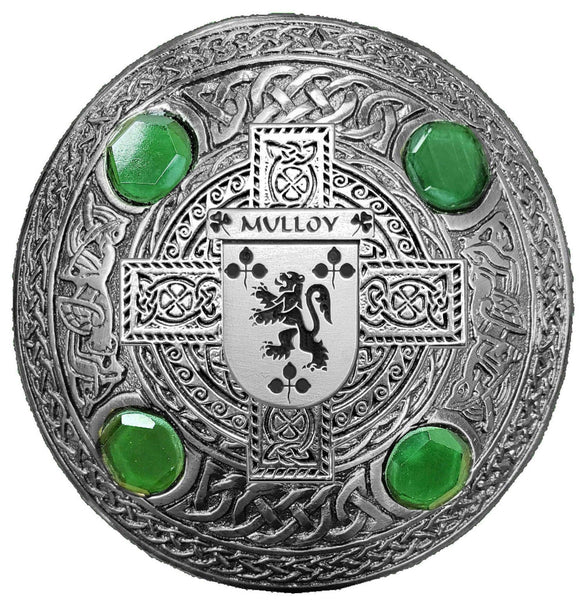 Mulloy Irish Coat of Arms Celtic Cross Plaid Brooch with Green Stones