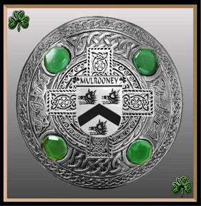 Mulrooney Irish Coat of Arms Celtic Cross Plaid Brooch with Green Stones