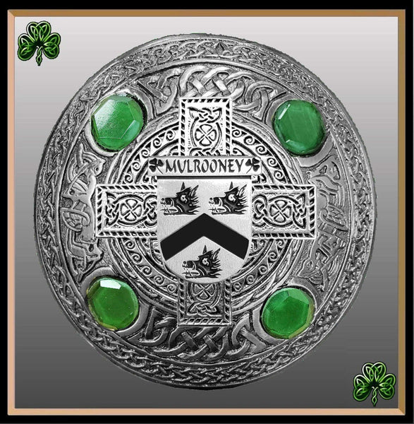 Mulrooney Irish Coat of Arms Celtic Cross Plaid Brooch with Green Stones