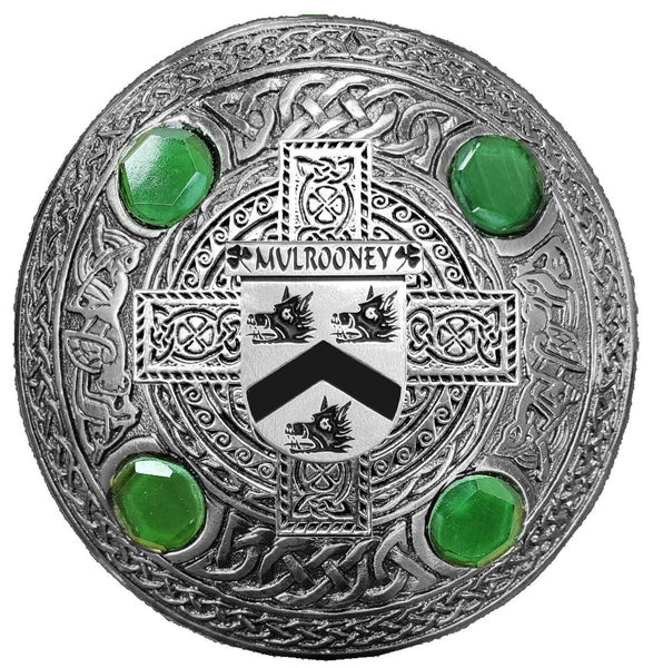 Mulrooney Irish Coat of Arms Celtic Cross Plaid Brooch with Green Stones