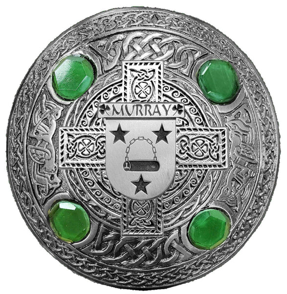 Murray 2 Irish Coat of Arms Celtic Cross Plaid Brooch with Green Stones