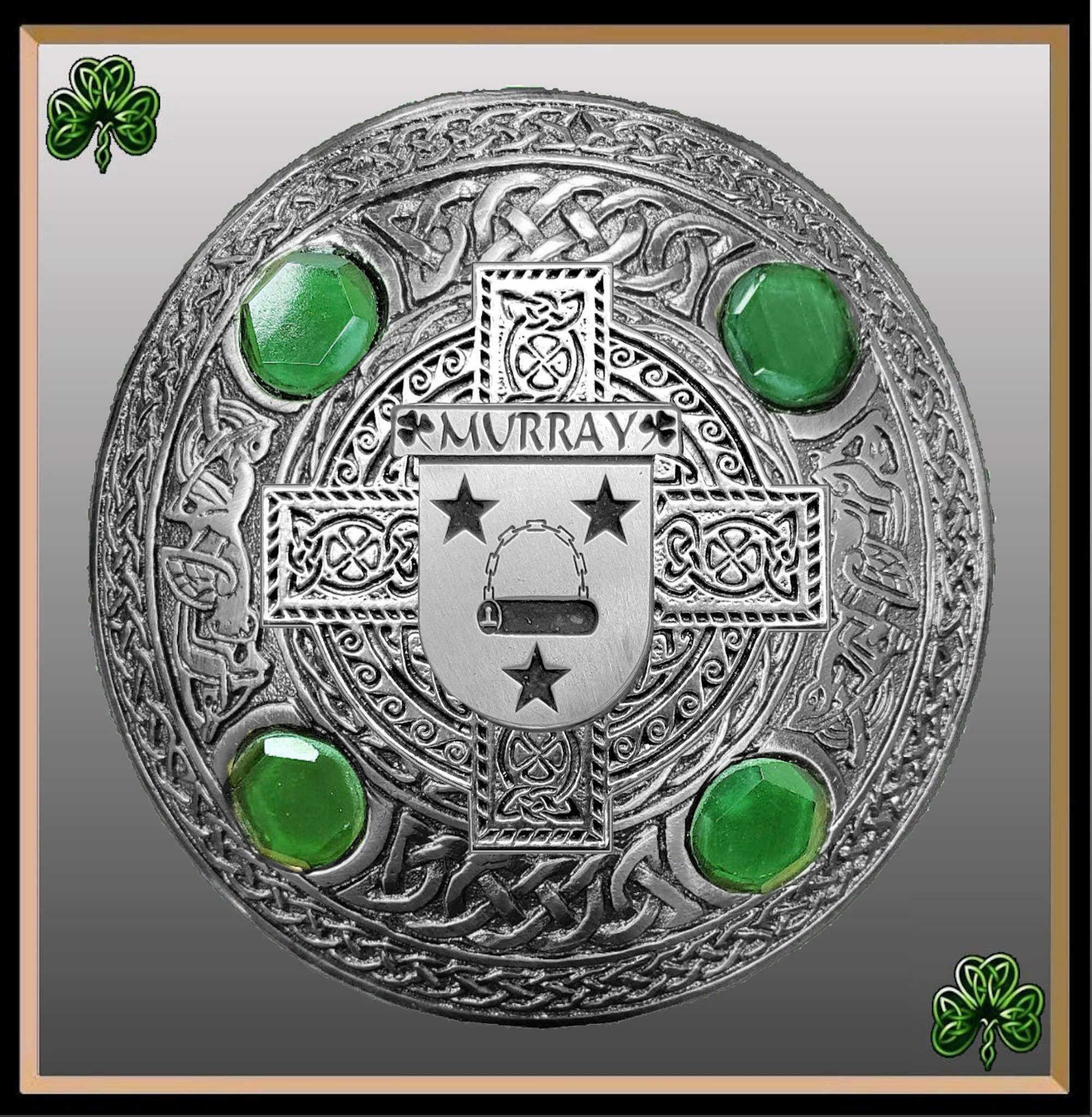Murray 2 Irish Coat of Arms Celtic Cross Plaid Brooch with Green Stones