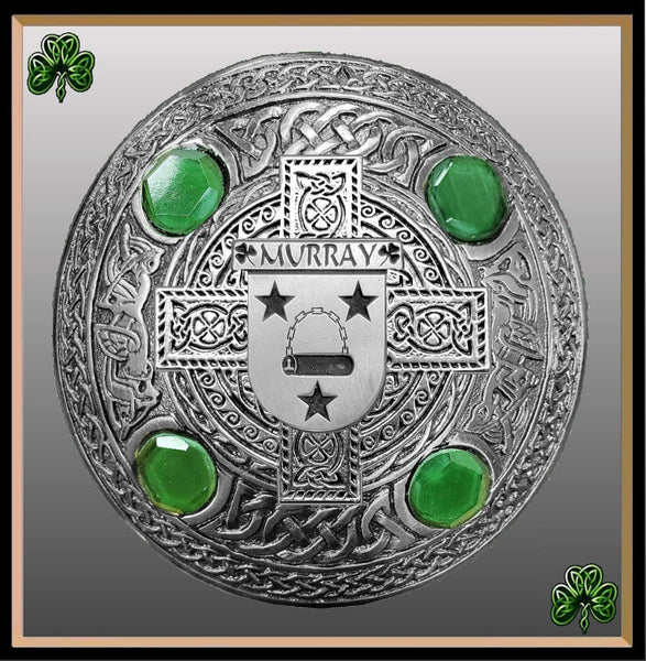 Murray 2 Irish Coat of Arms Celtic Cross Plaid Brooch with Green Stones