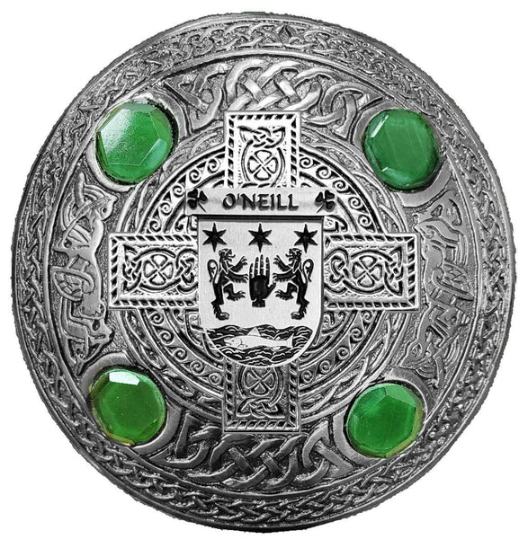 O'Neill Irish Coat of Arms Celtic Cross Plaid Brooch with Green Stones