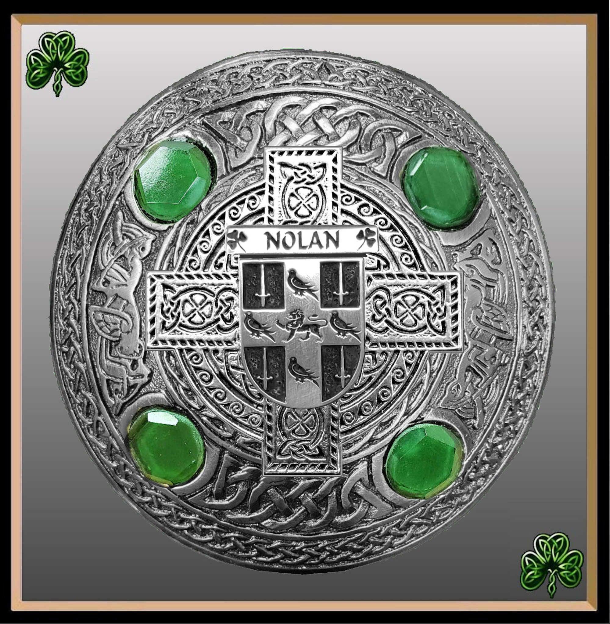Nolan Irish Coat of Arms Celtic Cross Plaid Brooch with Green Stones