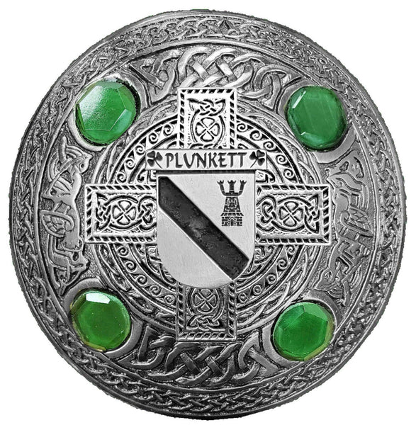 Plunkett Irish Coat of Arms Celtic Cross Plaid Brooch with Green Stones