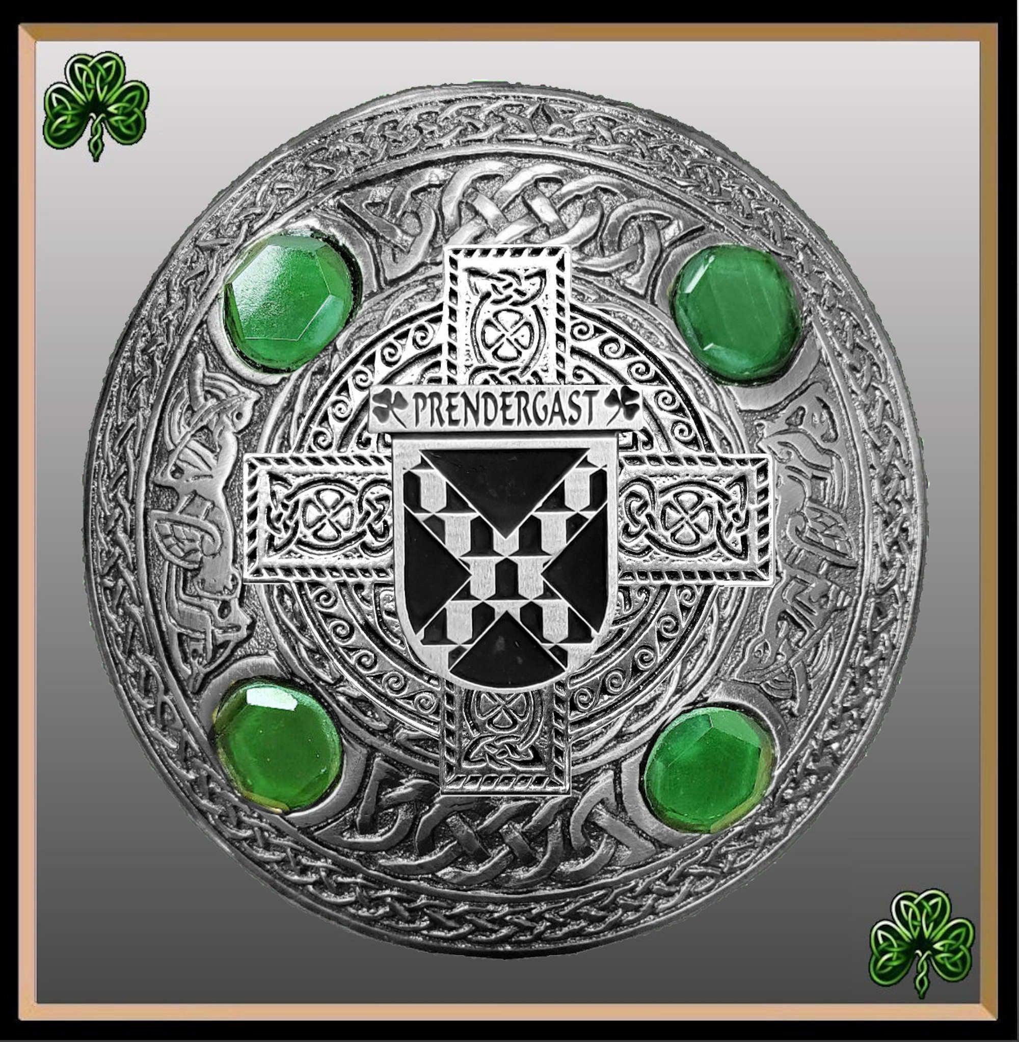 Prendergast (Tipperary) Irish Coat of Arms Celtic Cross Plaid Brooch with Green Stones