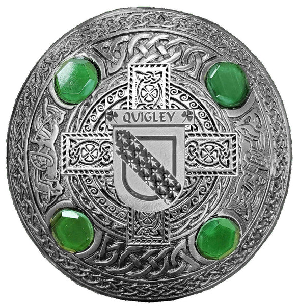 Quigley Irish Coat of Arms Celtic Cross Plaid Brooch with Green Stones