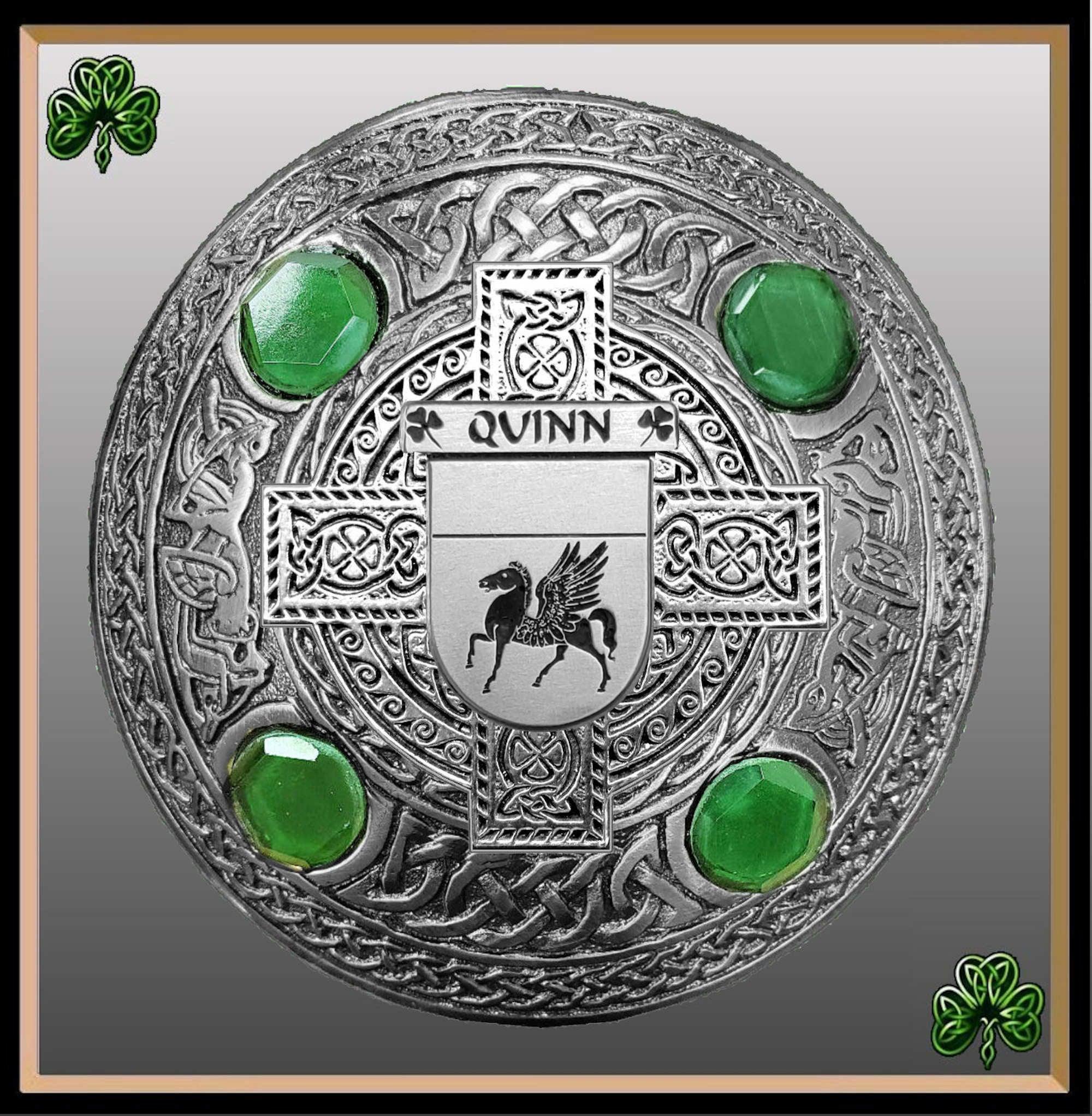 Quinn Irish Coat of Arms Celtic Cross Plaid Brooch with Green Stones