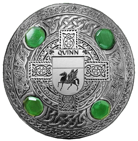 Quinn Irish Coat of Arms Celtic Cross Plaid Brooch with Green Stones