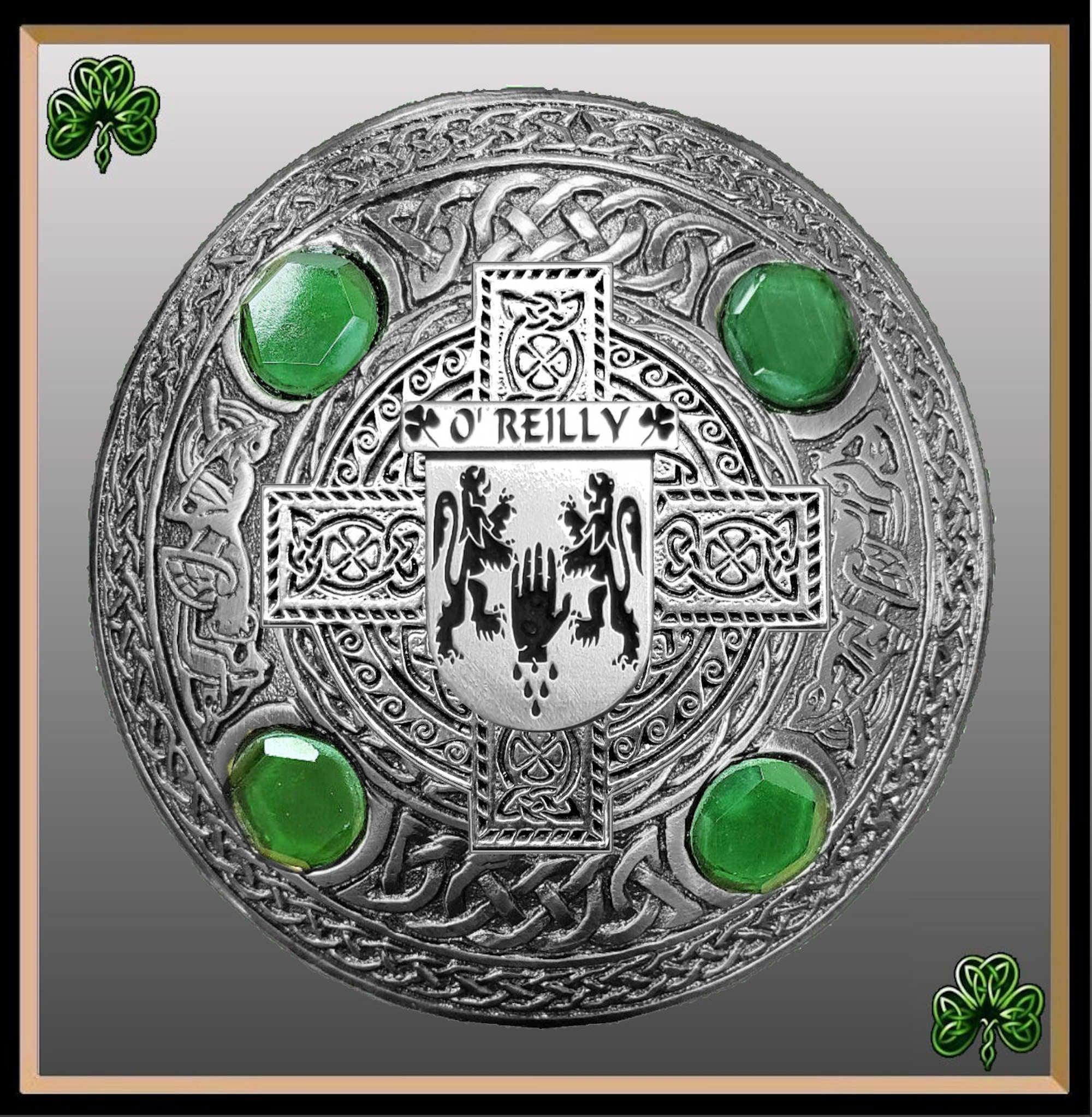 O'Reilly Irish Coat of Arms Celtic Cross Plaid Brooch with Green Stones