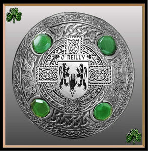 O'Reilly Irish Coat of Arms Celtic Cross Plaid Brooch with Green Stones