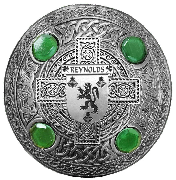 Reynolds Irish Coat of Arms Celtic Cross Plaid Brooch with Green Stones