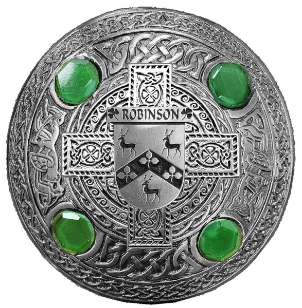 Robinson  Irish Coat of Arms Celtic Cross Plaid Brooch with Green Stones
