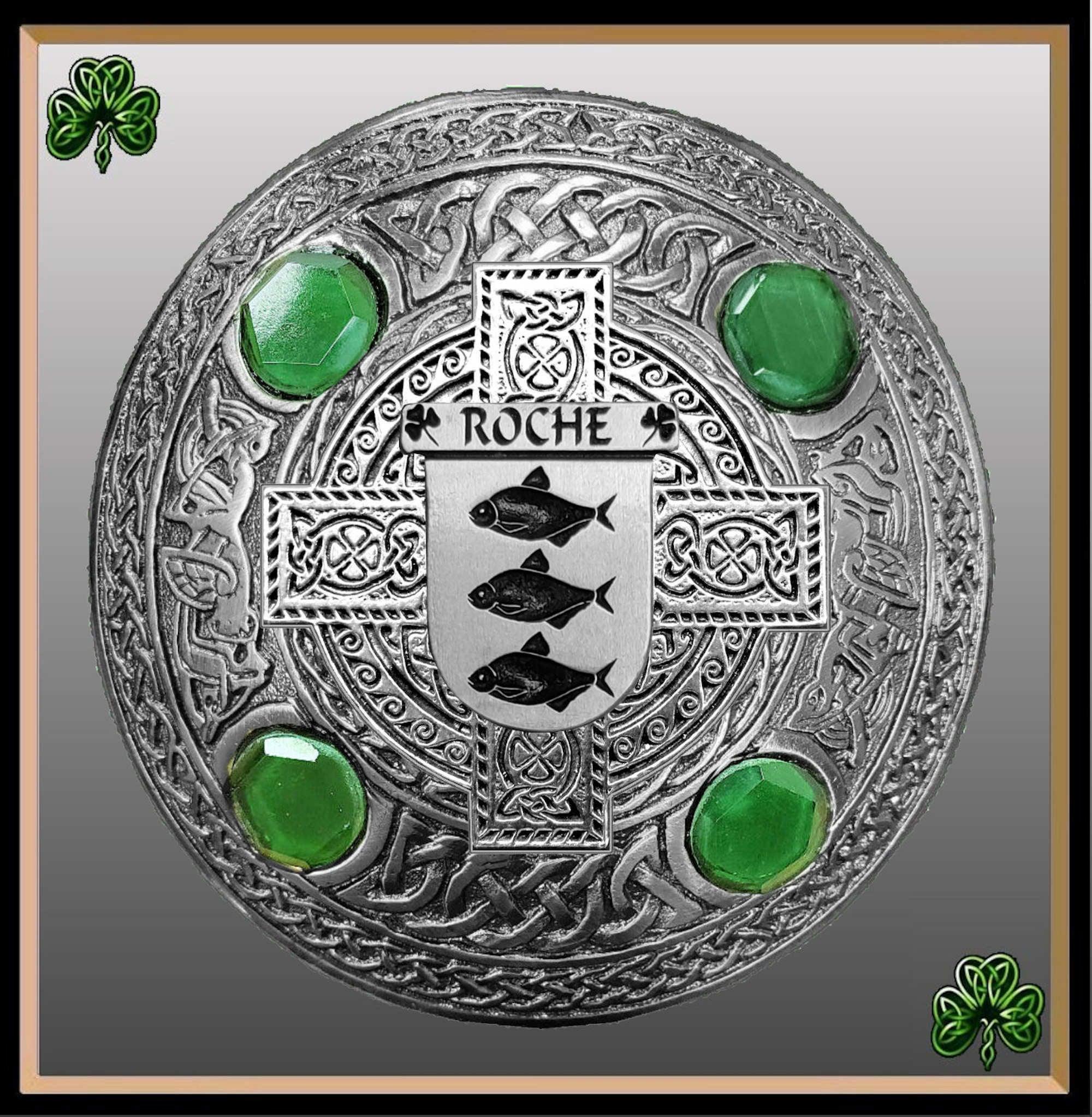 Roche Irish Coat of Arms Celtic Cross Plaid Brooch with Green Stones