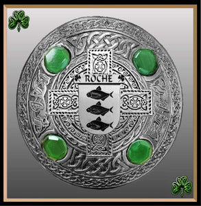 Roche Irish Coat of Arms Celtic Cross Plaid Brooch with Green Stones