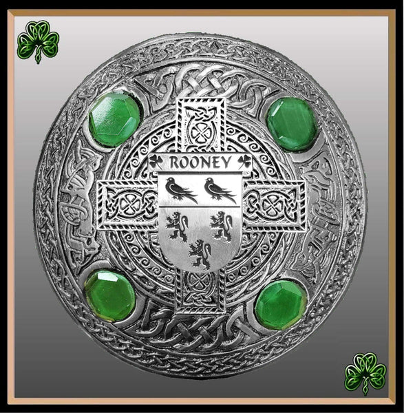 Rooney Irish Coat of Arms Celtic Cross Plaid Brooch with Green Stones