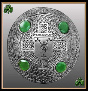 Sheridan Irish Coat of Arms Celtic Cross Plaid Brooch with Green Stones
