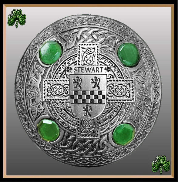 Stewart Irish Coat of Arms Celtic Cross Plaid Brooch with Green Stones