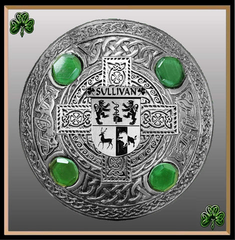 Sullivan Irish Coat of Arms Celtic Cross Plaid Brooch with Green Stones
