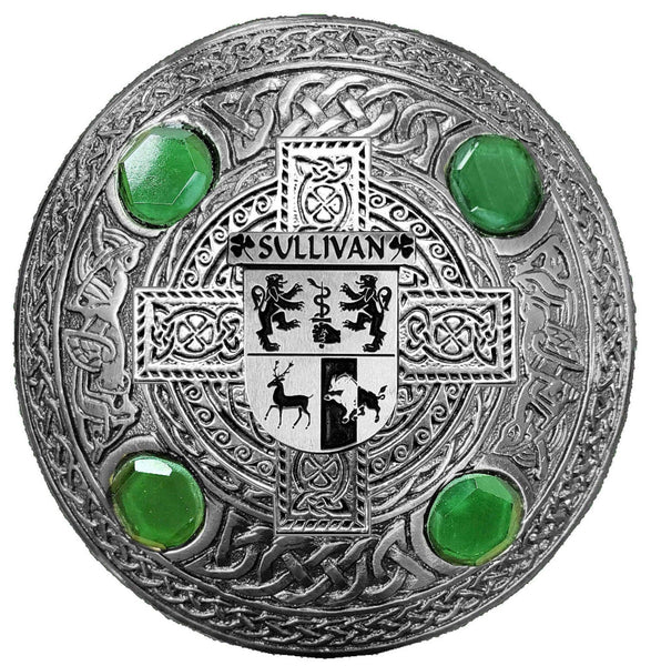 Sullivan Irish Coat of Arms Celtic Cross Plaid Brooch with Green Stones