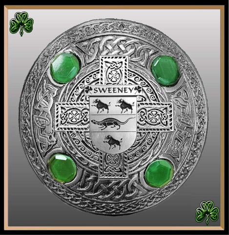 Sweeney Irish Coat of Arms Celtic Cross Plaid Brooch with Green Stones