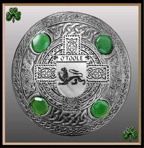 O'Toole Irish Coat of Arms Celtic Cross Plaid Brooch with Green Stones