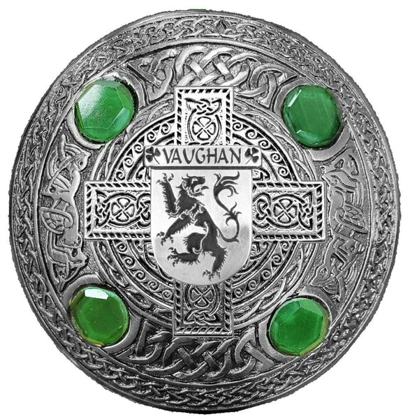 Vaughan Irish Coat of Arms Celtic Cross Plaid Brooch with Green Stones
