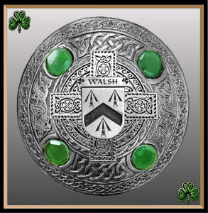 Walsh Irish Coat of Arms Celtic Design Plaid Brooch with Green Stones