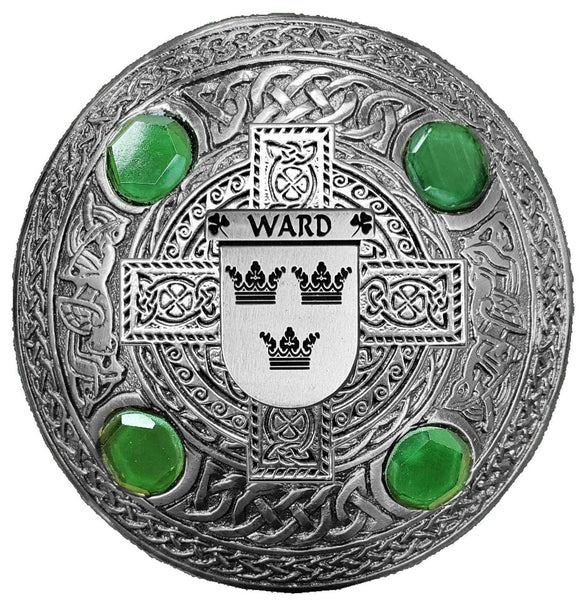 Ward Irish Coat of Arms Celtic Cross Plaid Brooch with Green Stones