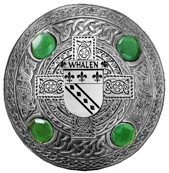 Whalen Irish Coat of Arms Celtic Cross Plaid Brooch with Green Stones