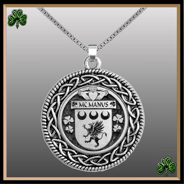 McManus Irish Coat of Arms Celtic Interlace Disk Pendant ~ IP06