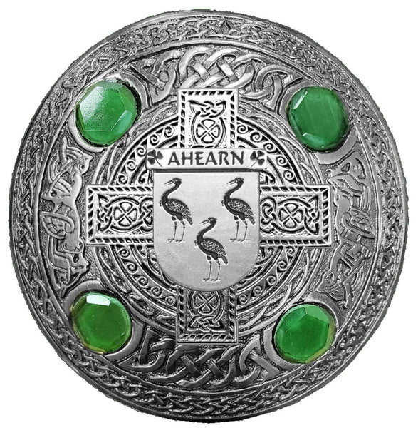 Ahearn Irish Coat of Arms Celtic Design Plaid Brooch with Green Stones